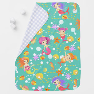 Mermaids Teal with Gingham Baby Blanket