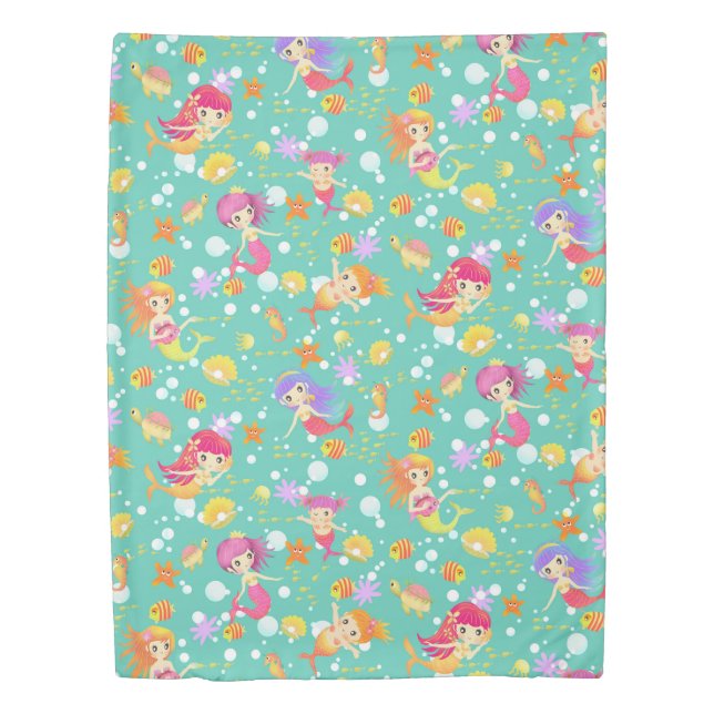 Mermaids Teal with Gingham Duvet Cover (Front)