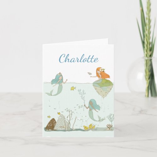Mermaids Under the Sea Illustration with Name Note Card