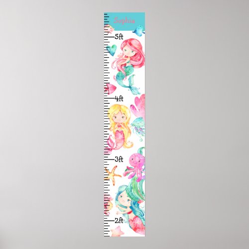 Mermaids Under the Sea Pink Teal Growth Chart