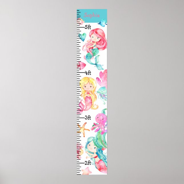 Mermaids Under the Sea Pink Teal Growth Chart (Front)