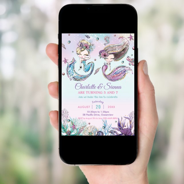 Mermaids Under the Sea Twins Sisters Birthday Invi Invitation (Front Digital)