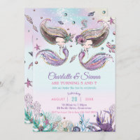 Mermaids Under the Sea Twins Sisters Birthday Invitation