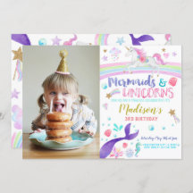 Mermaids Unicorns birthday party invitation
