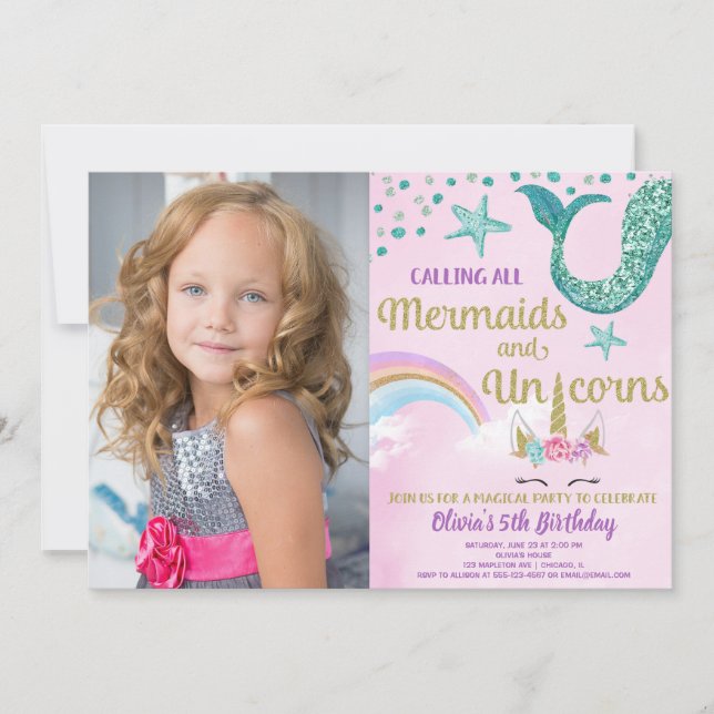 Mermaids & Unicorns pink gold teal birthday photo Invitation (Front)