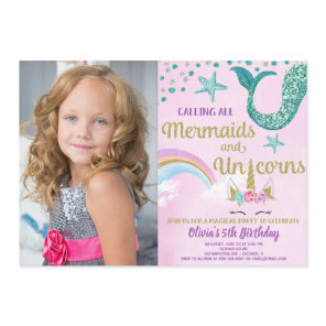 Mermaids & Unicorns pink gold teal birthday photo Invitation