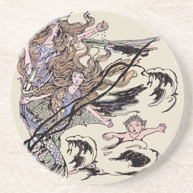 Mermaids Vintage Victorian Illustration Drink Coaster (Front)