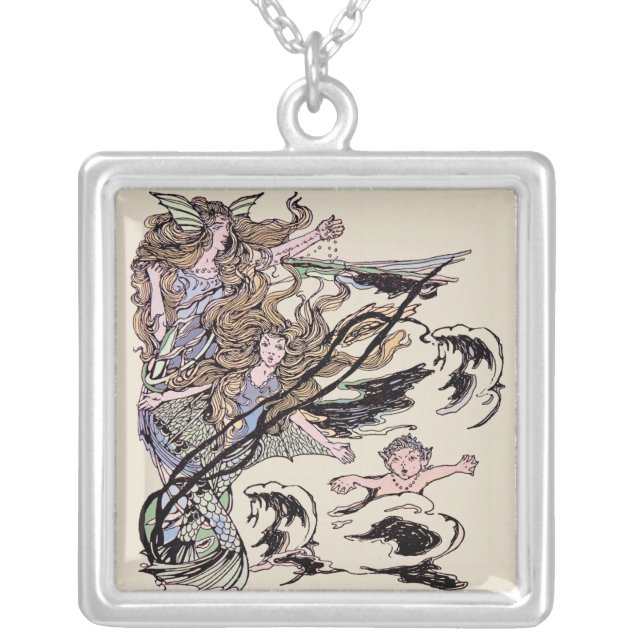 Mermaids Vintage Victorian Illustration Silver Plated Necklace (Front)