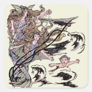 Mermaids Vintage Victorian Illustration Square Sticker