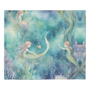 Mermaids watercolor art duvet cover
