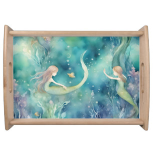 Mermaids watercolor art serving tray