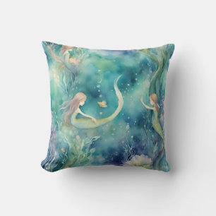 Mermaids watercolor art throw pillow