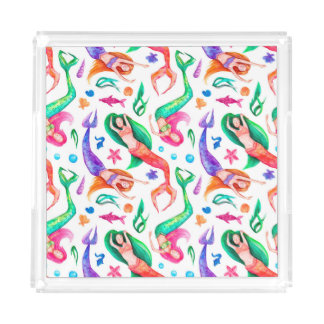 Mermaids Watercolor: Seamless Oceanic Pattern Acrylic Tray