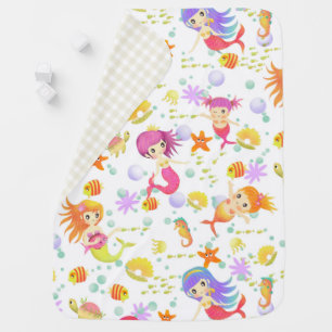 Mermaids White with Gingham Baby Blanket