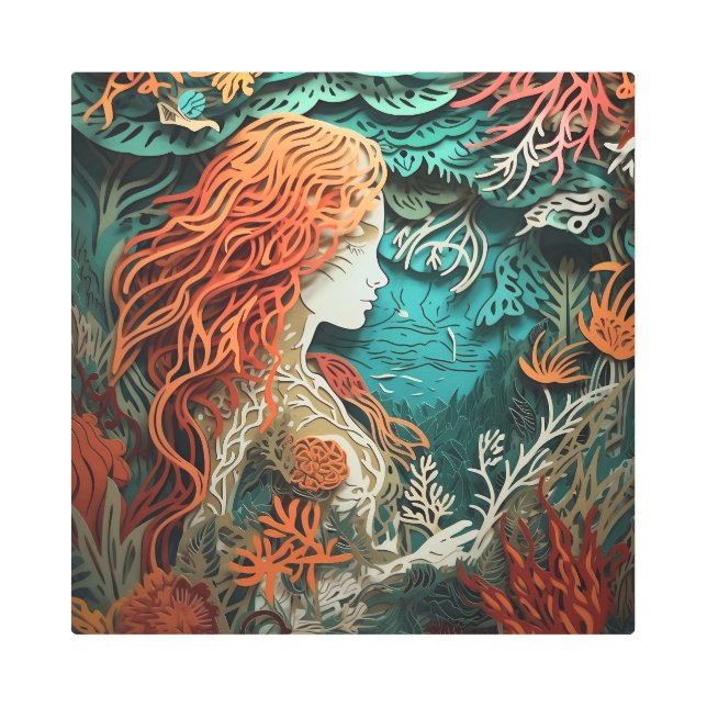 Mermaids with 3D effect paper cut  Metal Print (Front)