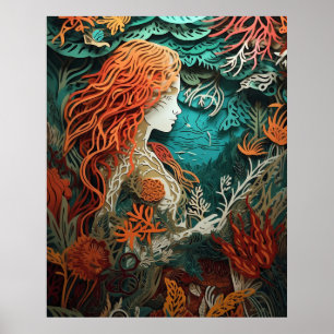 Mermaids with 3D effect paper cut Poster