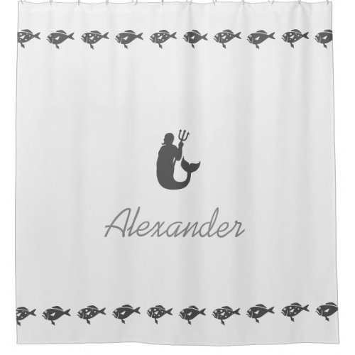 Merman and Fish Gray Maritime Symbols with Name Shower Curtain