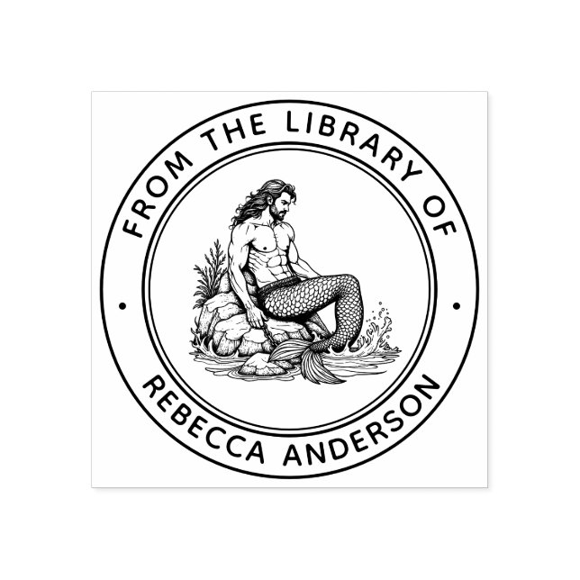 Merman on Rocks Ex Libris Bookplate Library Book Rubber Stamp (Imprint)