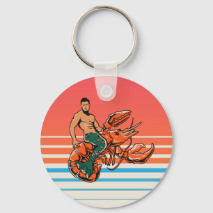 Merman Riding Lobster Button Keychain