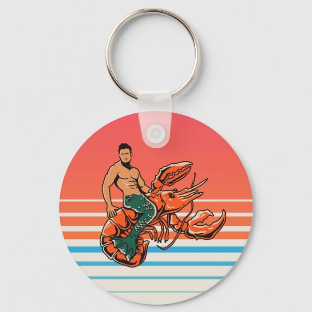 Merman Riding Lobster Button Keychain (Front)
