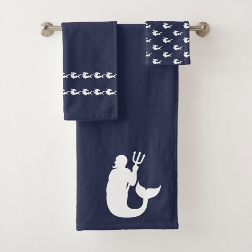 Merman sharks Bathroom Ocean blue white Bath Towel Set