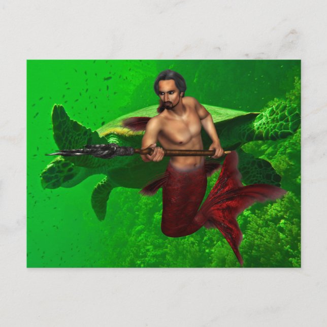 Merman with Sea Turtle Postcard (Front)