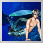 Merman with Sea Turtle Poster
