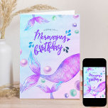 Mermazing Birthday Bright Mermaid Personalized Card<br><div class="desc">Mermazing Birthday card which you can personalize with a name and optional greeting inside. The front is lettered with "wishing you a mermazing birthday" in cool mermaid typography. Fantasy mermaid design with mermaid tails,  splashes and ocean bubbles in watercolor shades of pink purple and turquoise blue.</div>