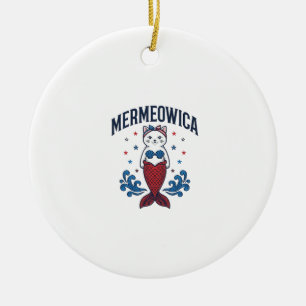 Mermeowica Patriotic Cat Mermaid Shirt Design_1 Ceramic Ornament