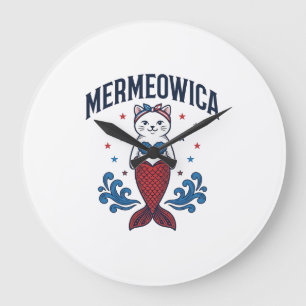 Mermeowica Patriotic Cat Mermaid Shirt Design_1 Large Clock