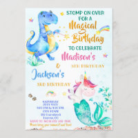 Mermicorn and Dinosaur birthday invitation twins