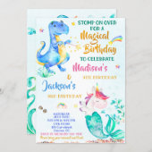 Mermicorn and Dinosaur birthday invitation twins (Front/Back)
