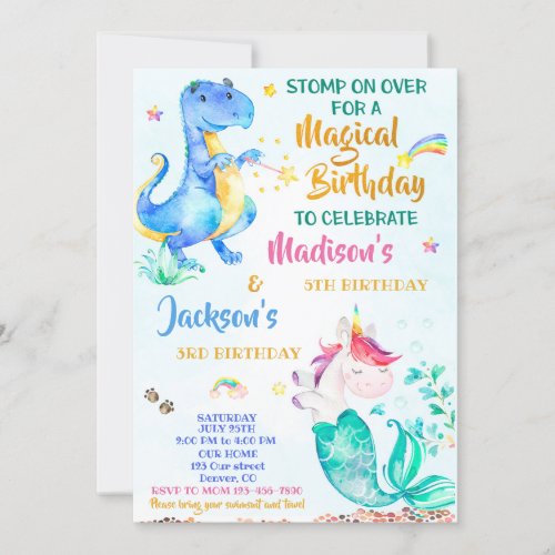 Mermicorn and Dinosaur birthday invitation twins