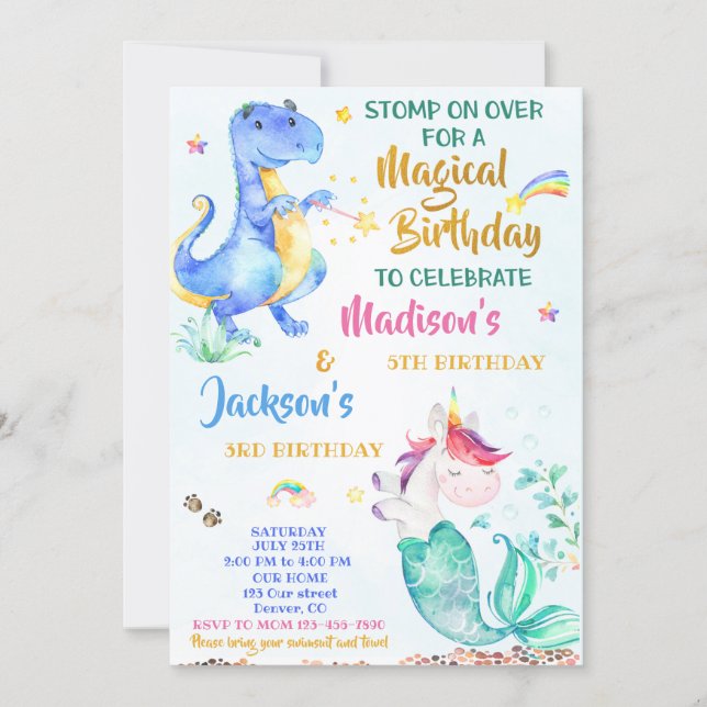 Mermicorn and Dinosaur birthday invitation twins (Front)