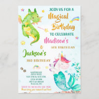 Mermicorn and Dragon birthday invitation for twins