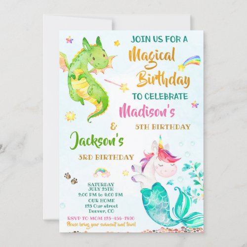 Mermicorn and Dragon birthday invitation for twins
