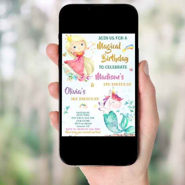 Mermicorn and Princess birthday invitation girls (Front Digital)