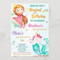 Mermicorn and Princess birthday invitation girls