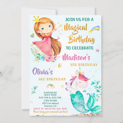 Mermicorn and Princess birthday invitation girls
