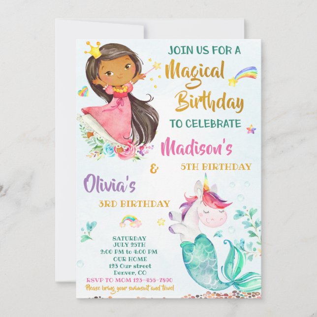 Mermicorn and Princess birthday invitation girls (Front)