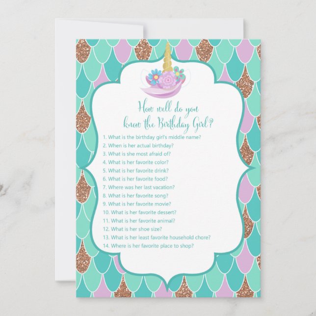 Mermicorn Birthday Girl Game 5x7" Size Invitation (Front)