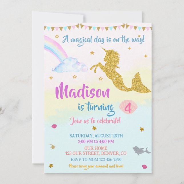 Mermicorn birthday invitation Girl Magical party (Front)