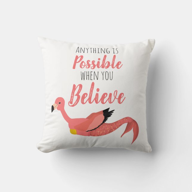 Mermingo: Mermaid Flamingo Inspirational Quote Throw Pillow (Front)