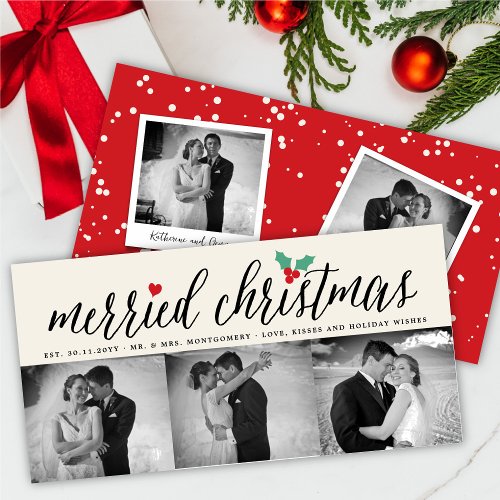 Merried Christmas Holly Mistletoe 3 Photo Wedding Holiday Card