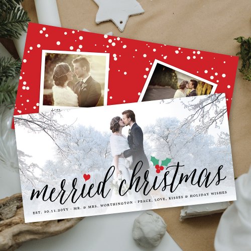 Merried Christmas Holly Mistletoe Photo Wedding Holiday Card