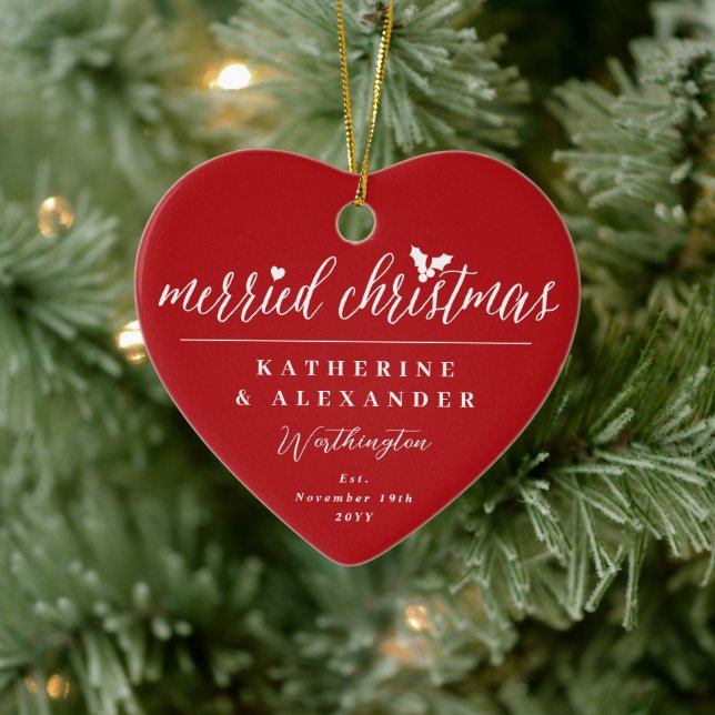 Merried Christmas Mr And Mrs Photo Modern Wedding Ceramic Ornament (Tree)