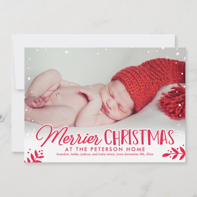 Merrier Christmas Baby Announcement Holiday Card (Front)