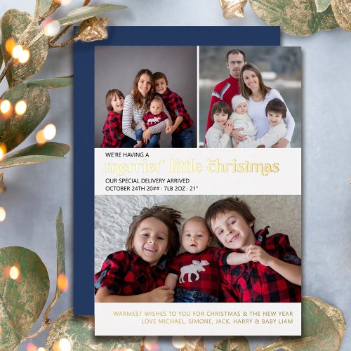 Merrier Little Christmas 3 Photo New Baby Gold Foi Foil Holiday Card