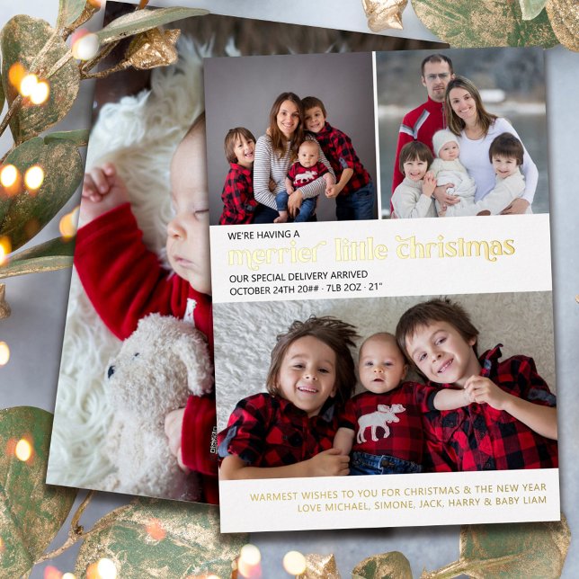 Merrier Little Christmas 4 Photo New Baby Gold  Foil Holiday Card (Creator Uploaded)