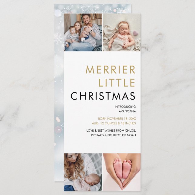 Merrier Little Christmas 4 Photos Birth Holiday Card (Front/Back)